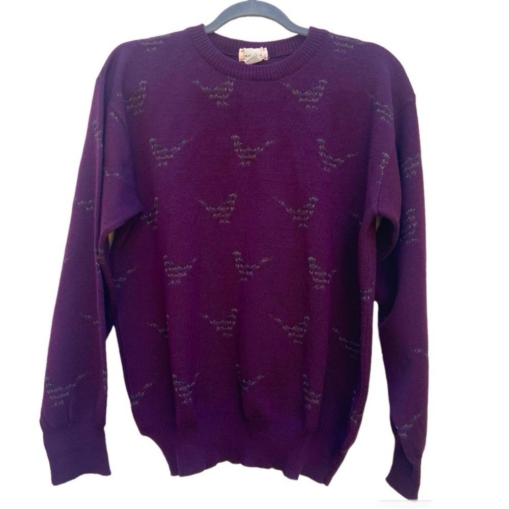Mark Shale Men's Pure Wool Sweater Burgundy Dark Wine Birds Quirky Vintage Small